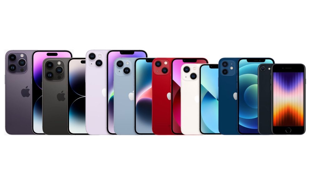 iPhone 2022 line-up familie met alle toestellen in verschillende kleuren