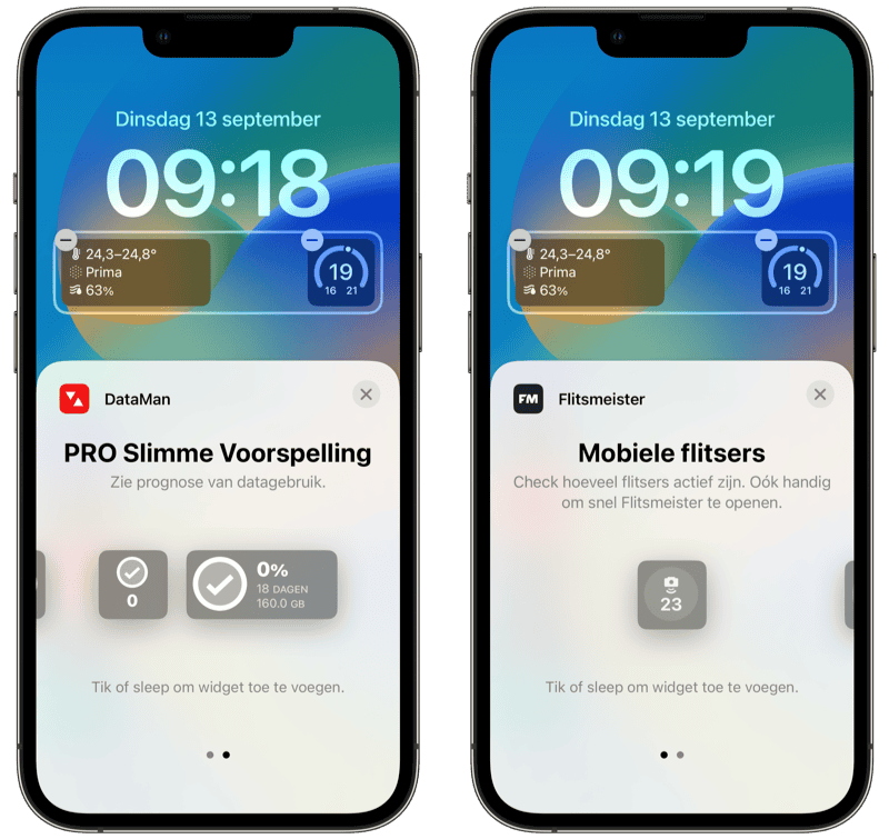 Widgets op het toegangsscherm in iOS 16 met Dataman en Flitsmeister