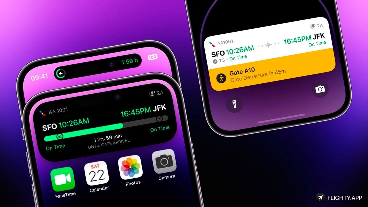 Flighty-app met Live Activiteiten en Dynamic Island ondersteuning