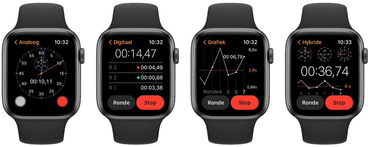 Apple Watch stopwatch met rondetijden en grafieken