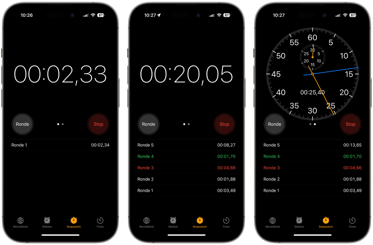 Stopwatch met rondetijden in de Klok-app voor iPhone