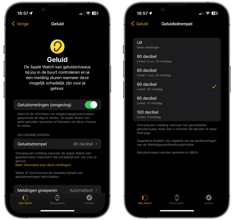 Geluid-app op Apple Watch instellen op de iPhone