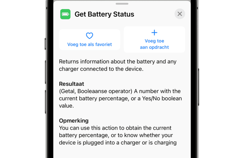 iOS 16.2: Get Battery Status taak in Opdrachten-app