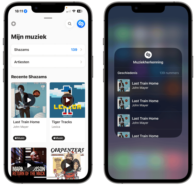 Muzieknummers opzoeken die door Siri en Shazam herkend zijn