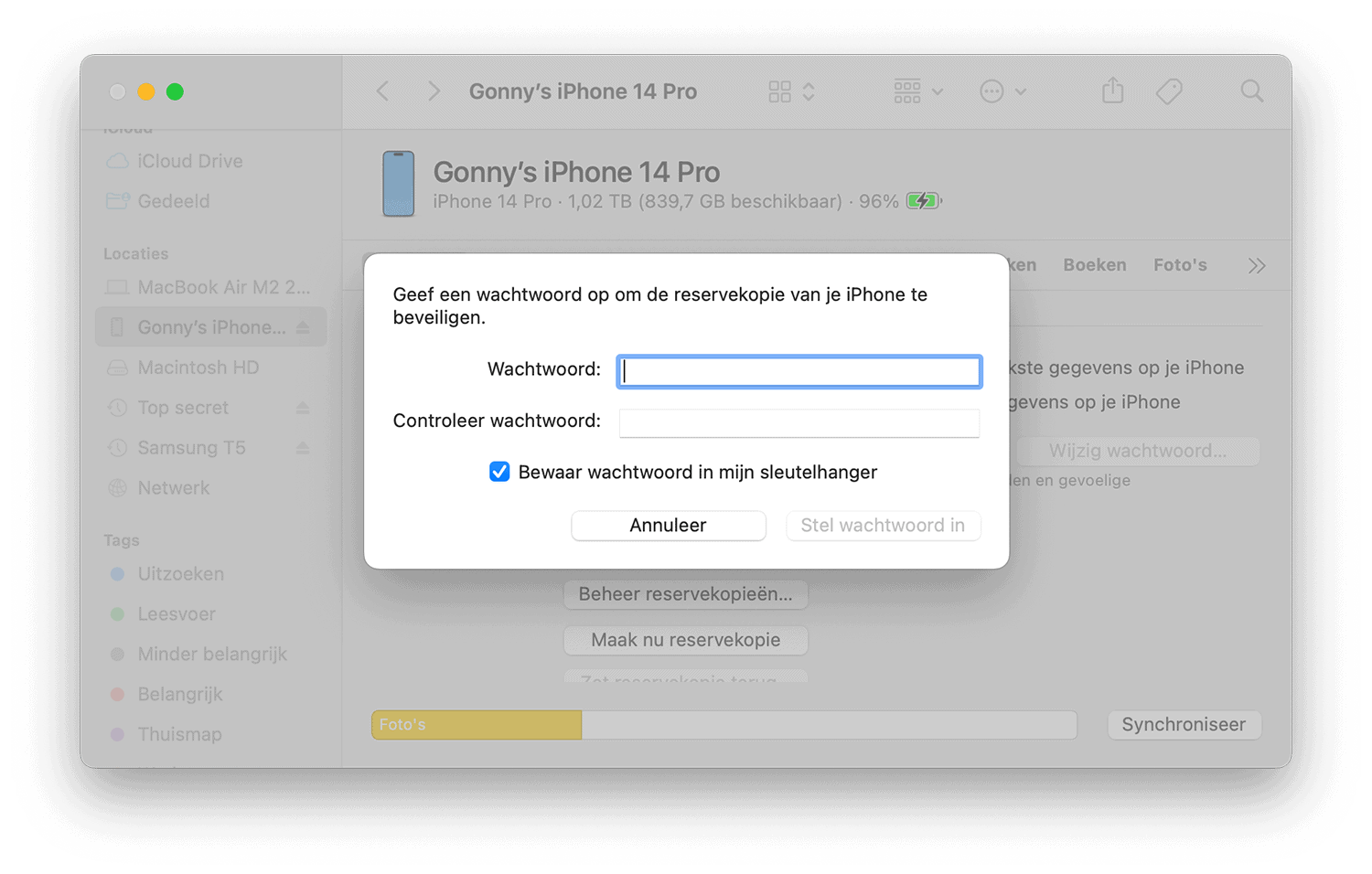 Versleutelde backup van iPhone op Mac