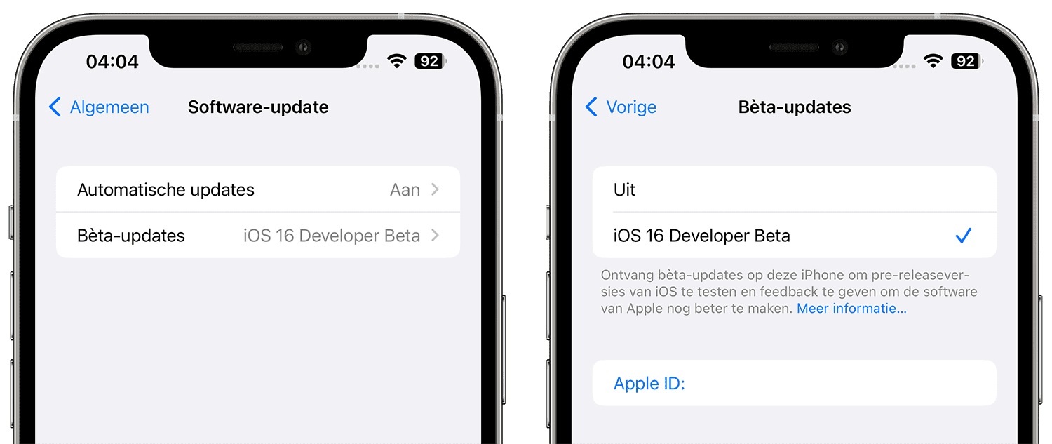 Beta's installeren schakelaar voor Apple ID