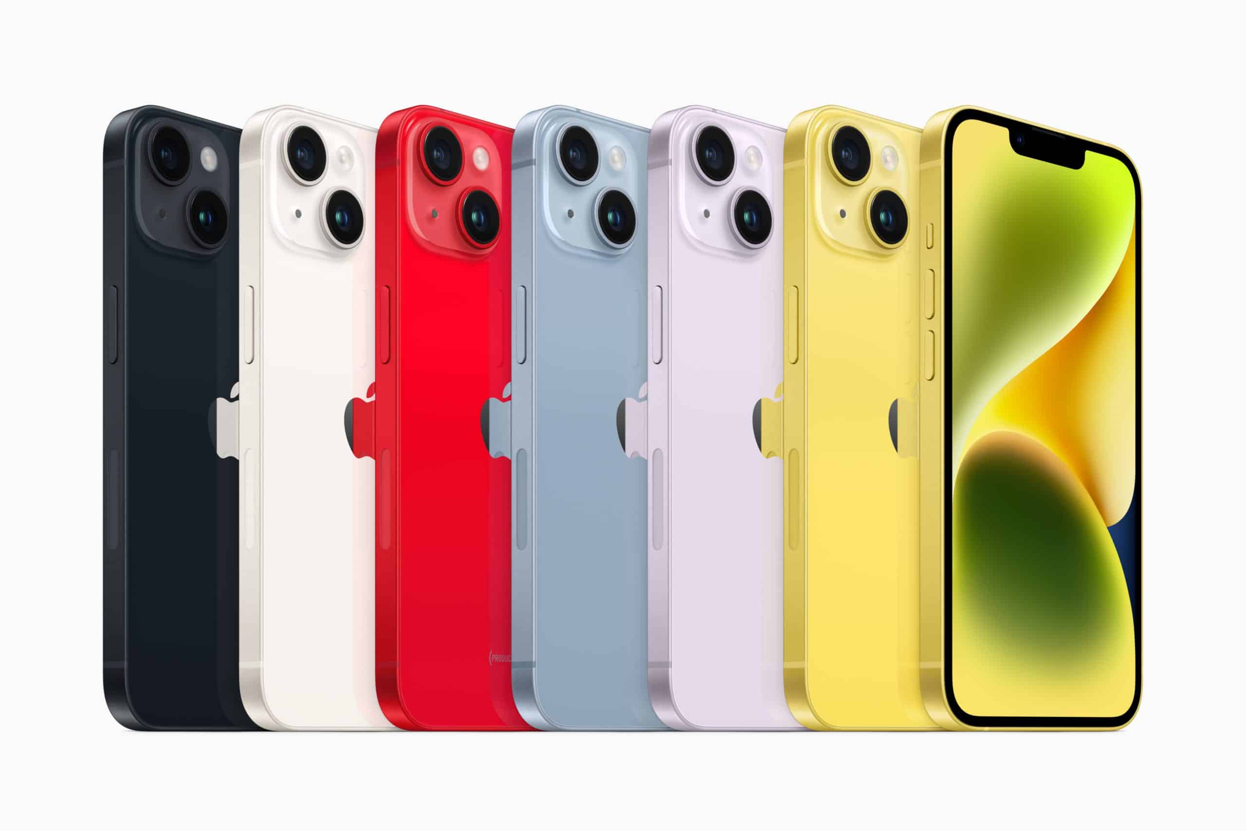 iPhone 14 en iPhone 14 Plus kleuren line-up voorjaar 2023 met geel