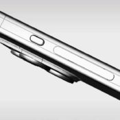 CAD tekening van iPhone 15 Pro met knoppen voor volume en mute