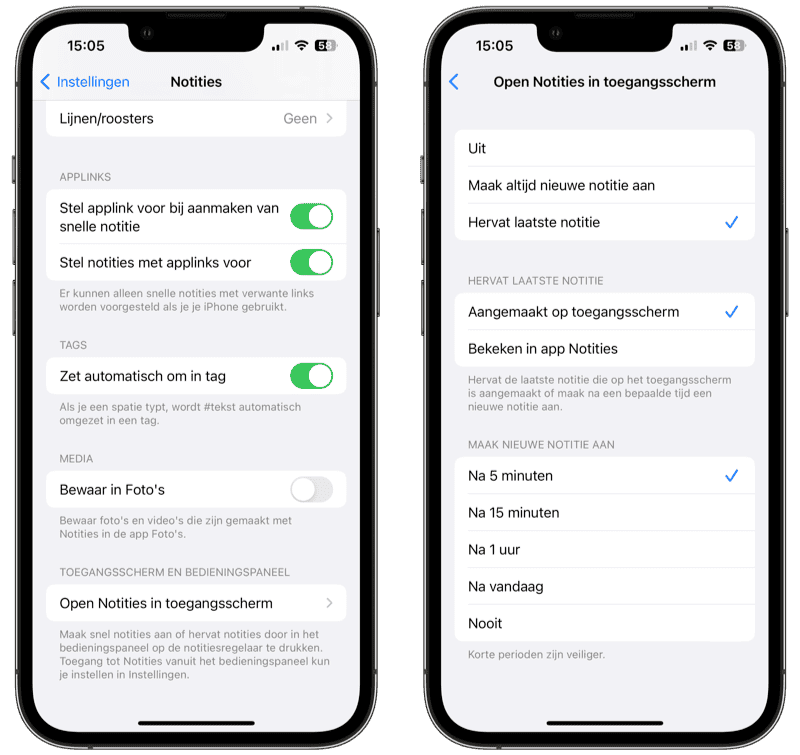 Instellingen voor notities via toegangsscherm met vergrendelde iPhone